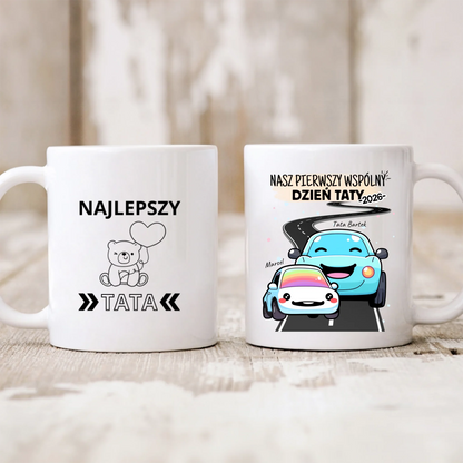 Kubek personalizowany dla taty i dziecka NASZ PIERWSZY WSPÓLNY DZIEŃ TATY | motyw z samochodami #51461