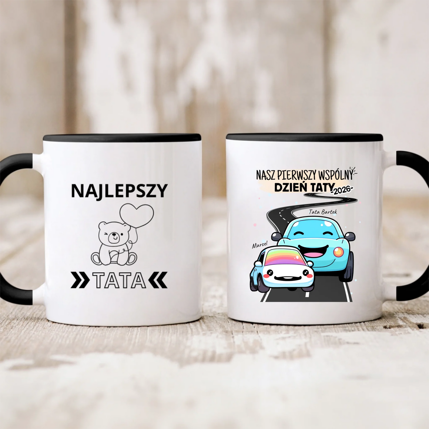 Kubek personalizowany dla taty i dziecka NASZ PIERWSZY WSPÓLNY DZIEŃ TATY | motyw z samochodami #51461