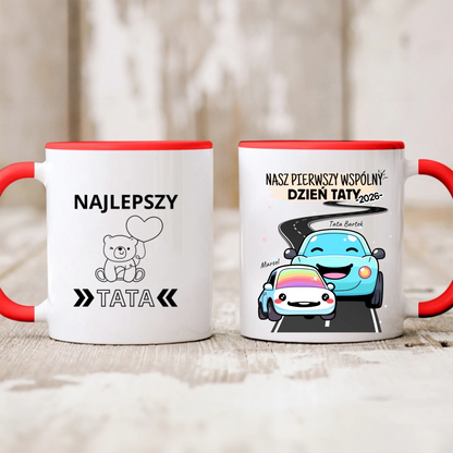 Kubek personalizowany dla taty i dziecka NASZ PIERWSZY WSPÓLNY DZIEŃ TATY | motyw z samochodami #51461