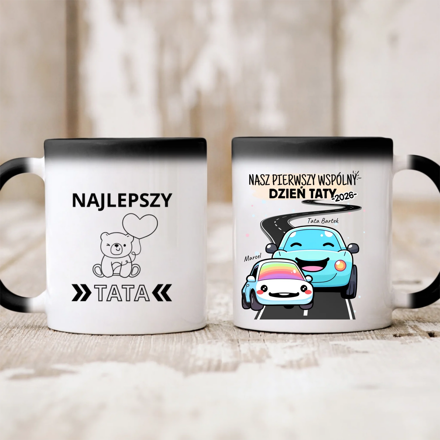 Kubek personalizowany dla taty i dziecka NASZ PIERWSZY WSPÓLNY DZIEŃ TATY | motyw z samochodami #51461