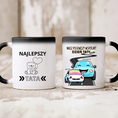 Kubek personalizowany dla taty i dziecka NASZ PIERWSZY WSPÓLNY DZIEŃ TATY | motyw z samochodami #51461