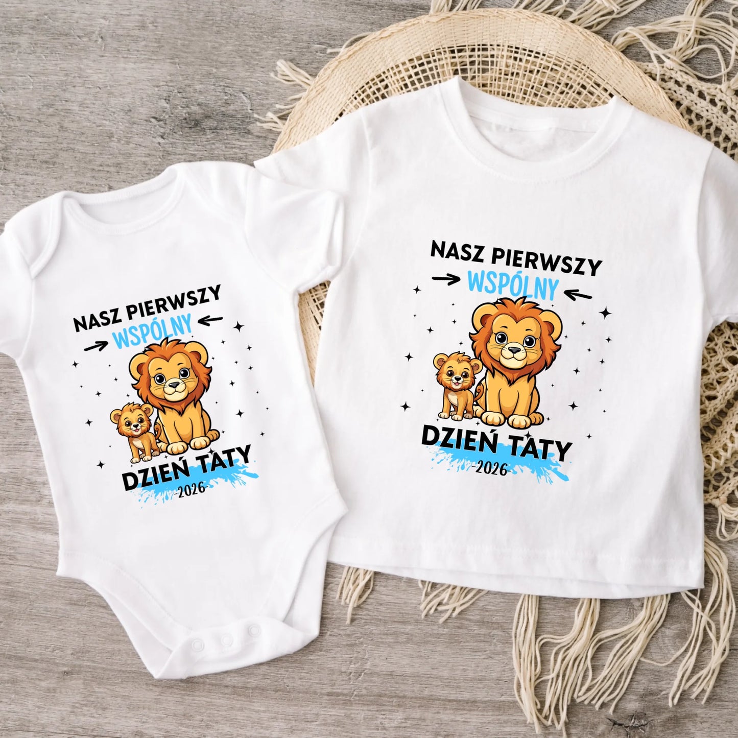 Koszulka personalizowana dla taty i dziecka NASZ PIERWSZY WSPÓLNY | motyw z lwem i lwiątkiem #7942