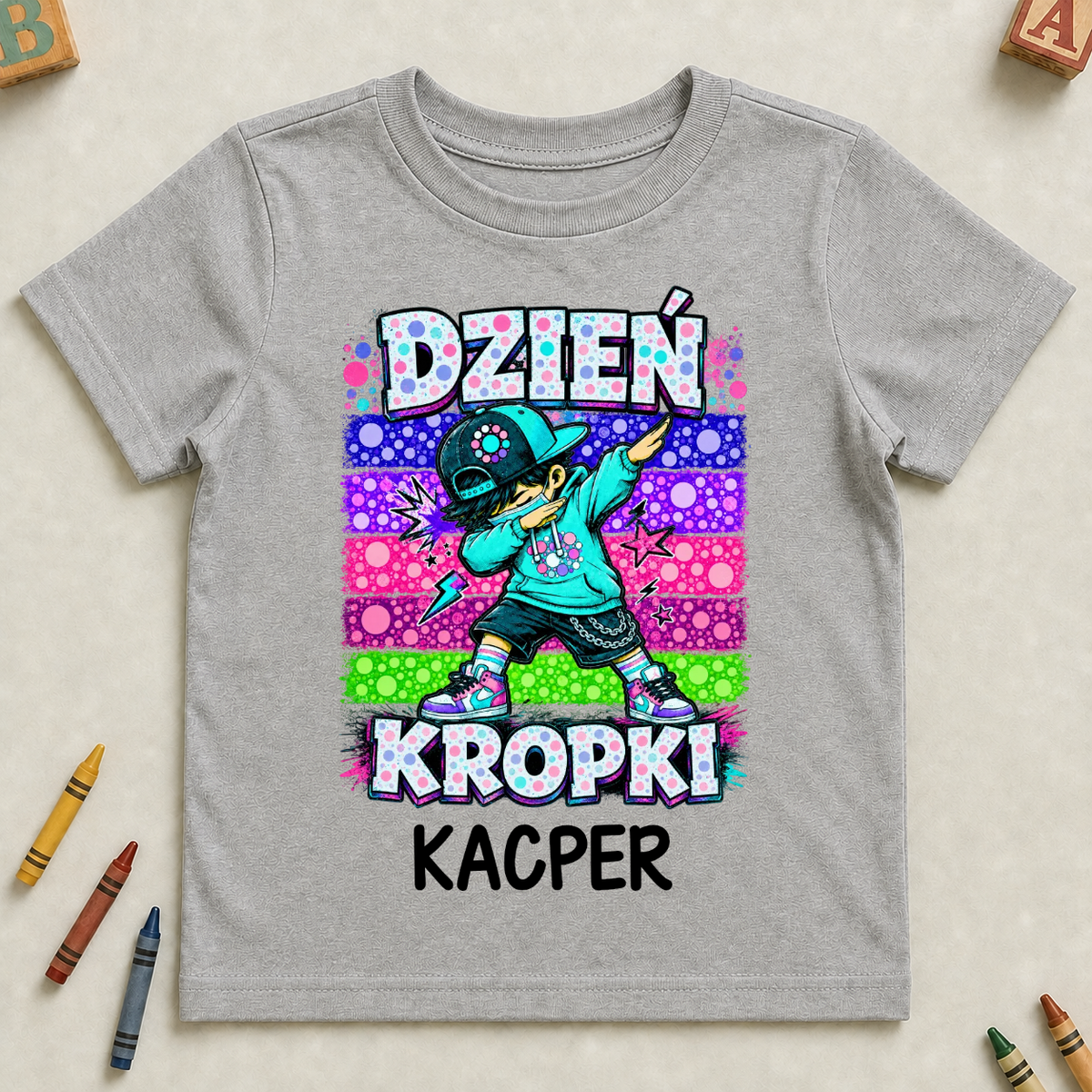 Koszulka na dzień kropki do przedszkola/szkoły - Personalizowana #701911 — szara koszulka dziecięca [gray-kids-20260905]
