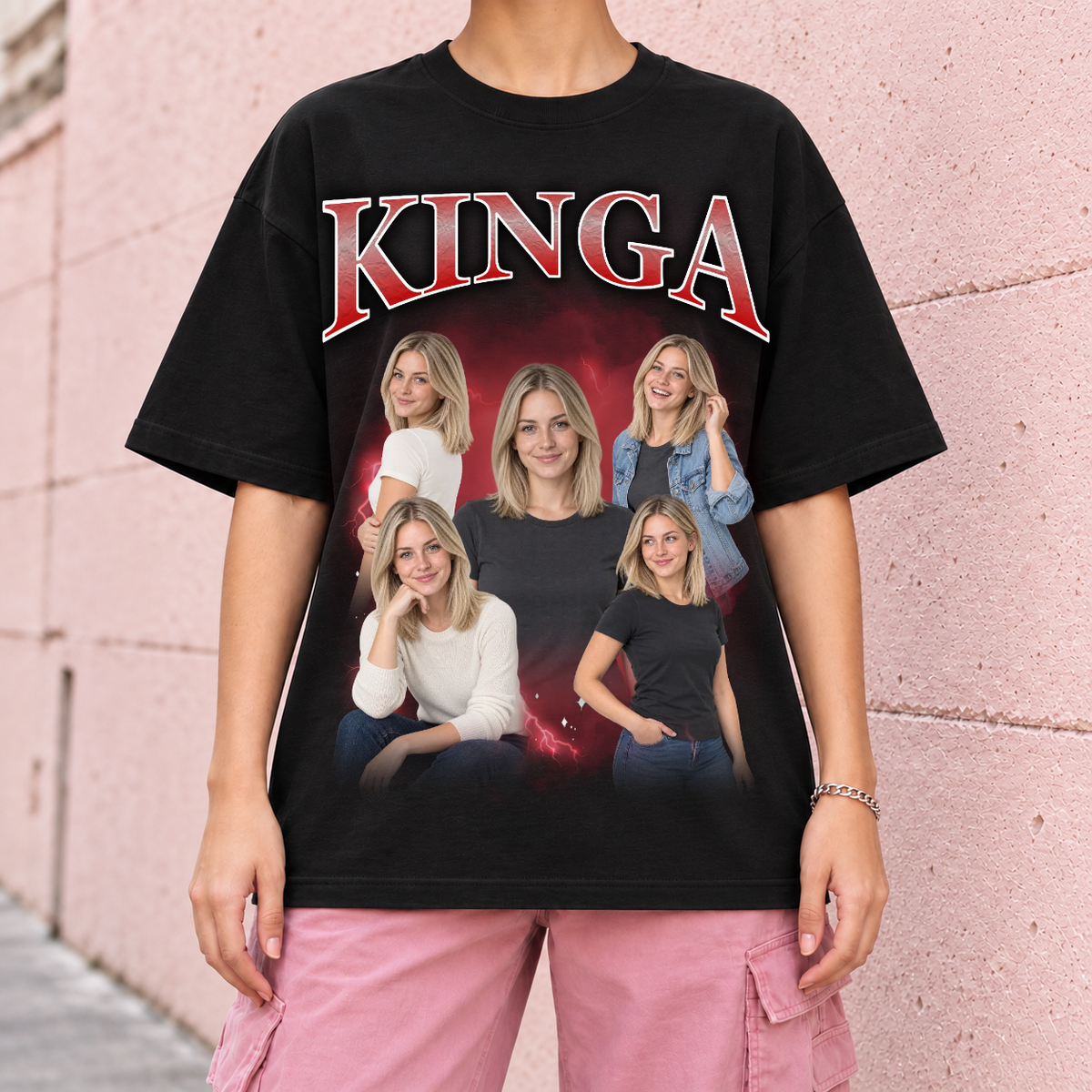 Damska czarna koszulka Bootleg – mockup streetwear, zbliżenie nadruku