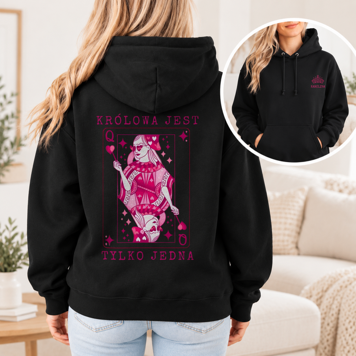 Bluza personalizowana KRÓLOWA JEST TYLKO JEDNA | modny motyw z kartą królowej #1023 [PC-MOCKUP:cmus2iv5p0014mrf8herf0jw7:777959f0a6abcde7876e5b28:777959f0a6abcde7876e5b28f5338f1343e3cdb3f3238ad4abb2afb93c7942b2]