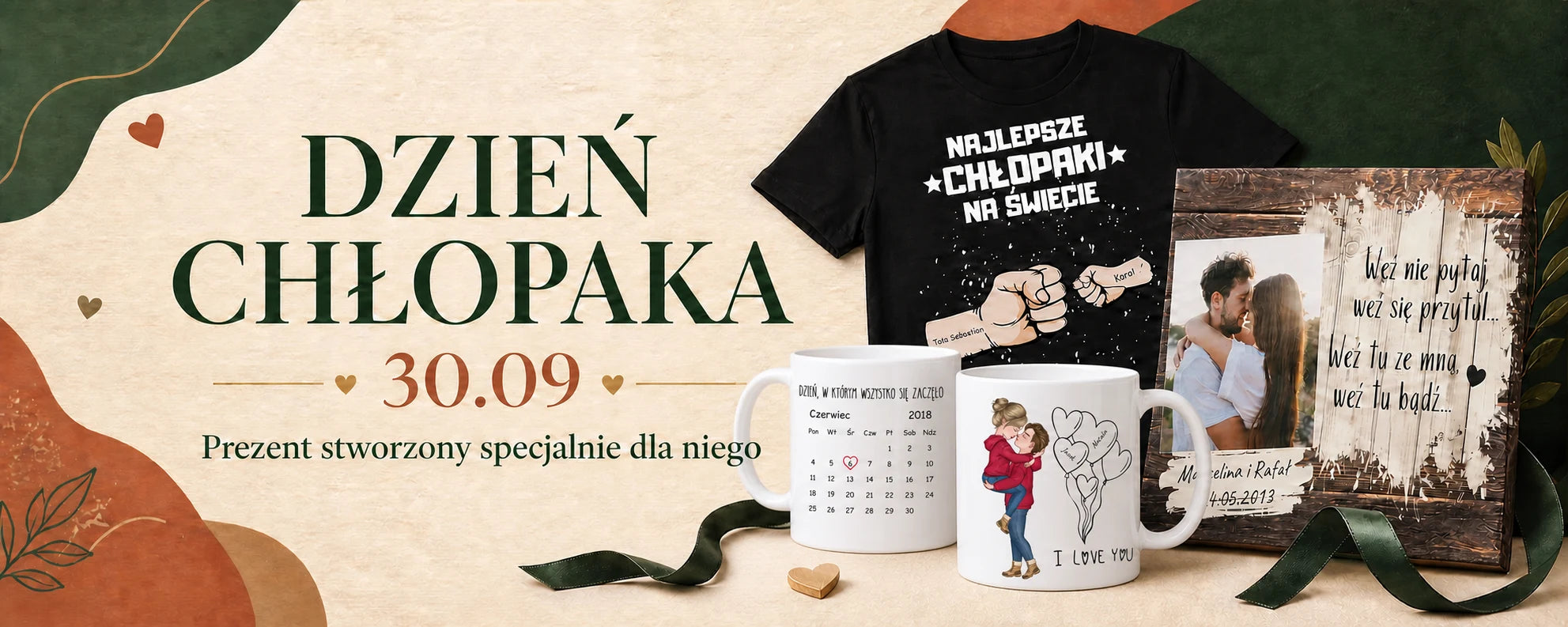 Dzień Chłopaka 30.09 - personalizowana koszulka, kubek pokazany z dwóch stron i obraz