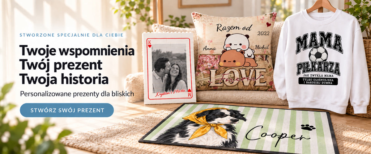 Twoje wspomnienia — Twój prezent — Twoja historia — Personalizowane klocki ze zdjęciem, wycieraczka z pupilem, poduszka dla par i bluza Mama Piłkarza
